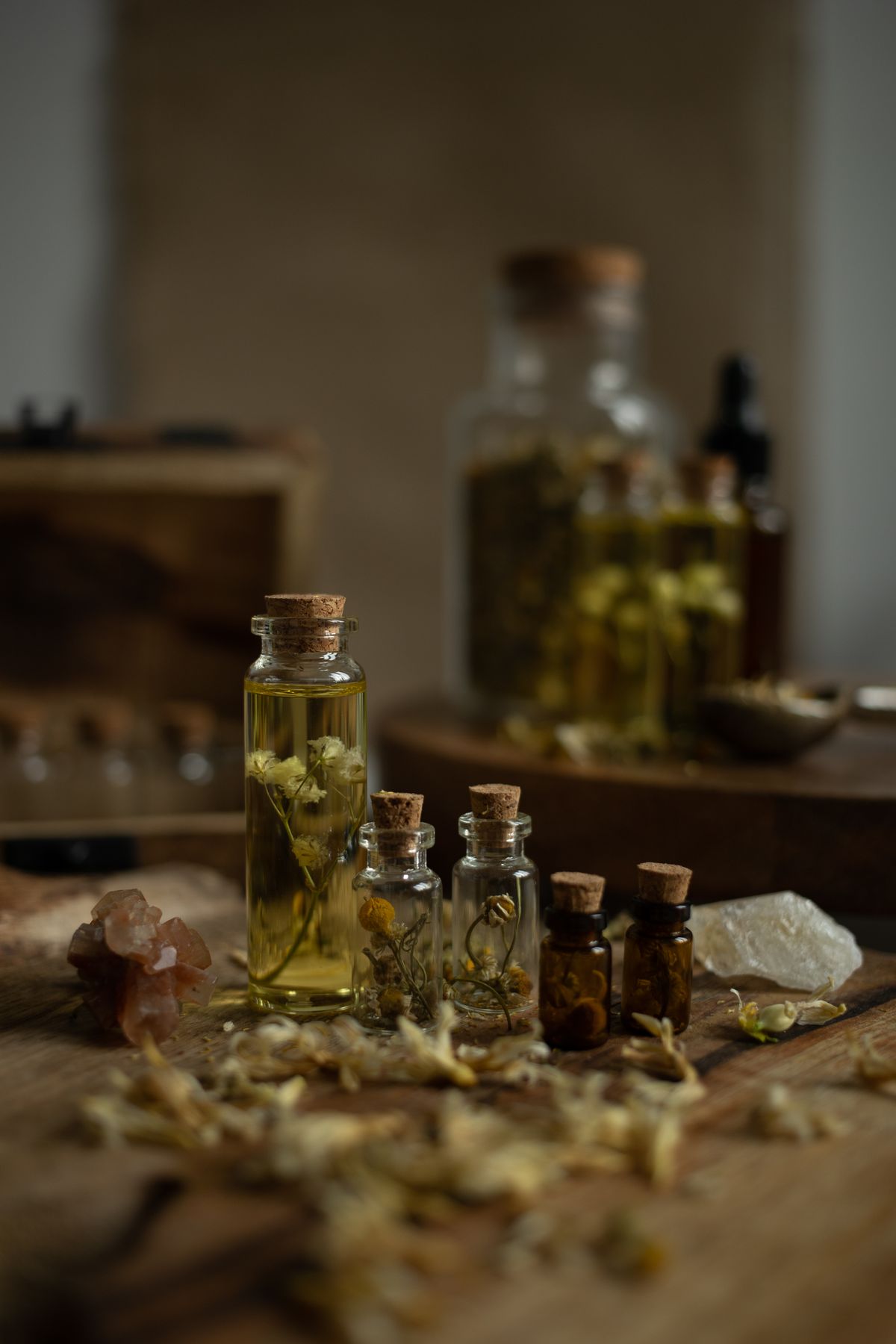 Rustic glass bottles with aromatic herbs